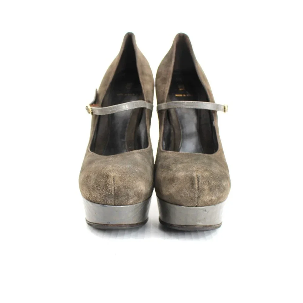 Fendi Olive Suede Croc Platform Pumps Sz 40 Ankle Strap Mary Jane Stiletto Heels